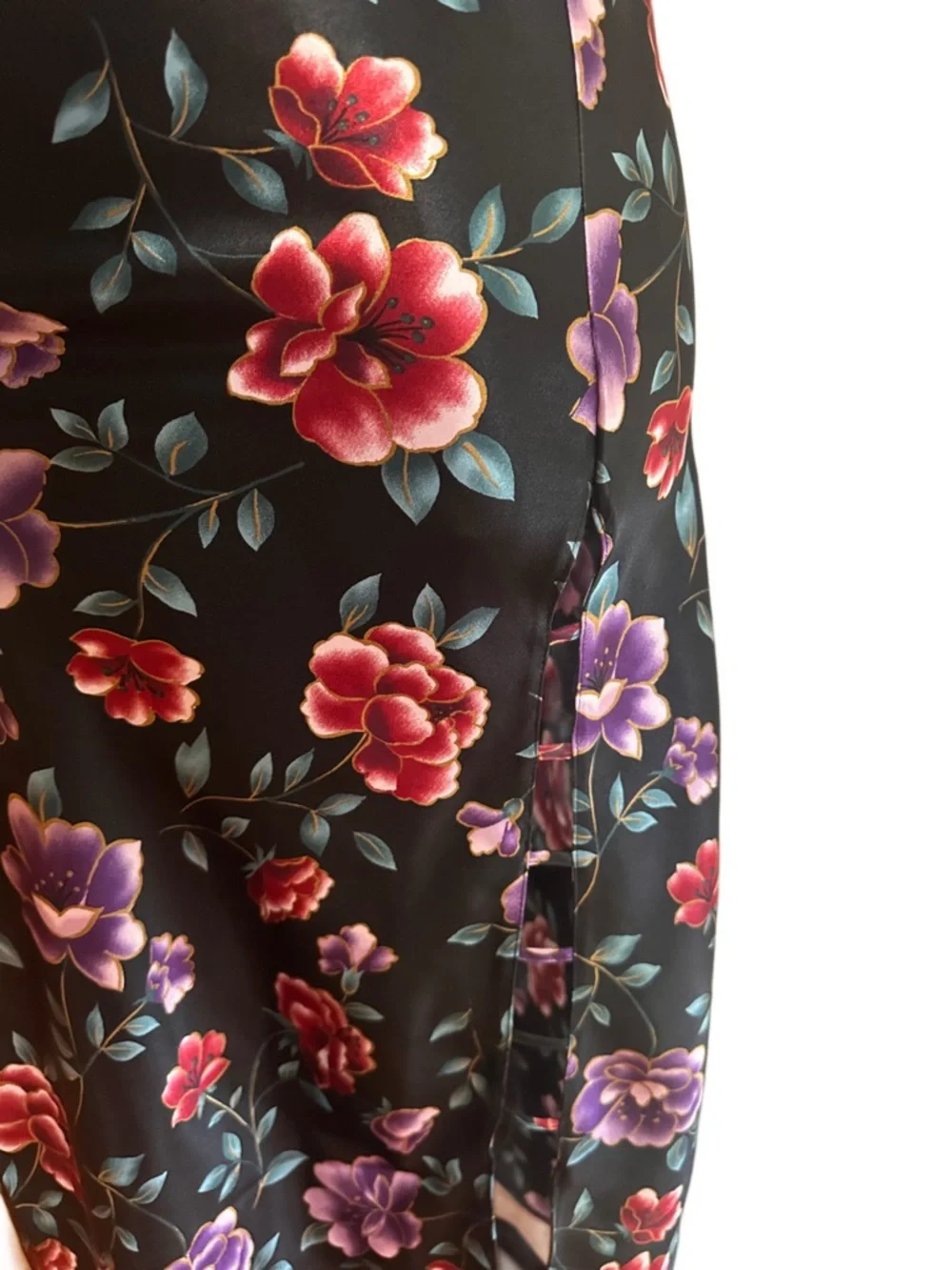 Black Floral Satin Slip Dress with Pink & Purple Blooms - Picture 3 of 5